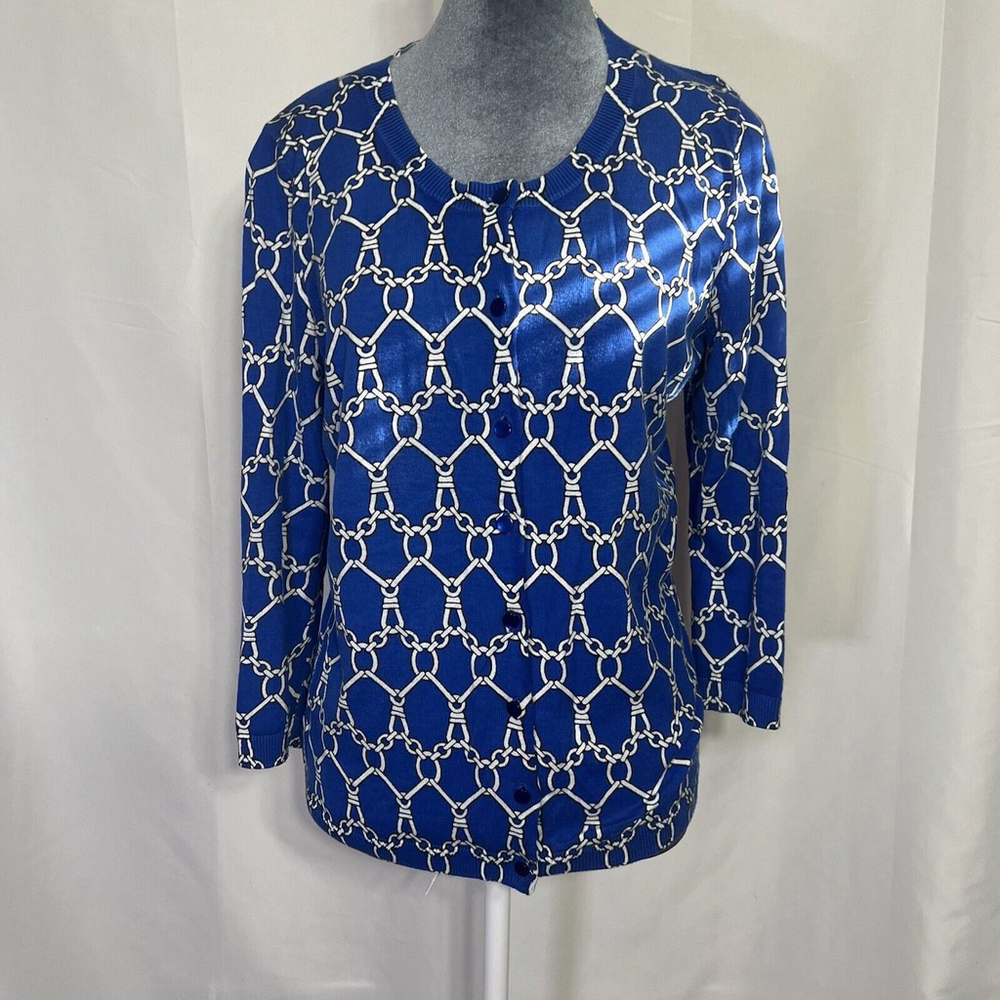 Talbots Blue White Chain Link Printed 3/4 Sleeve Cardigan Sweater Sz M Office